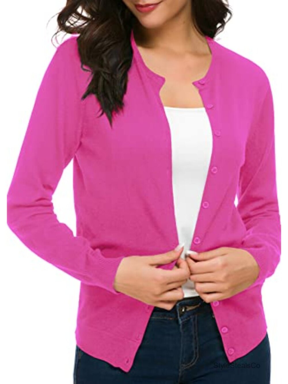Women's Long Sleeve Button Down Knit Cardigan Sweater Crew Neck